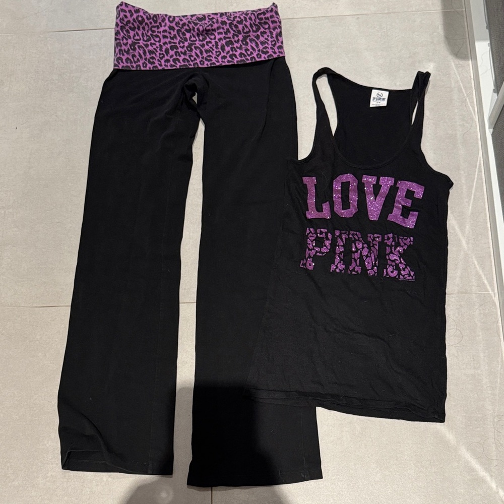 PINK Victoria's Secret Y2K Black Purple Pajama Set Small racket back top pants